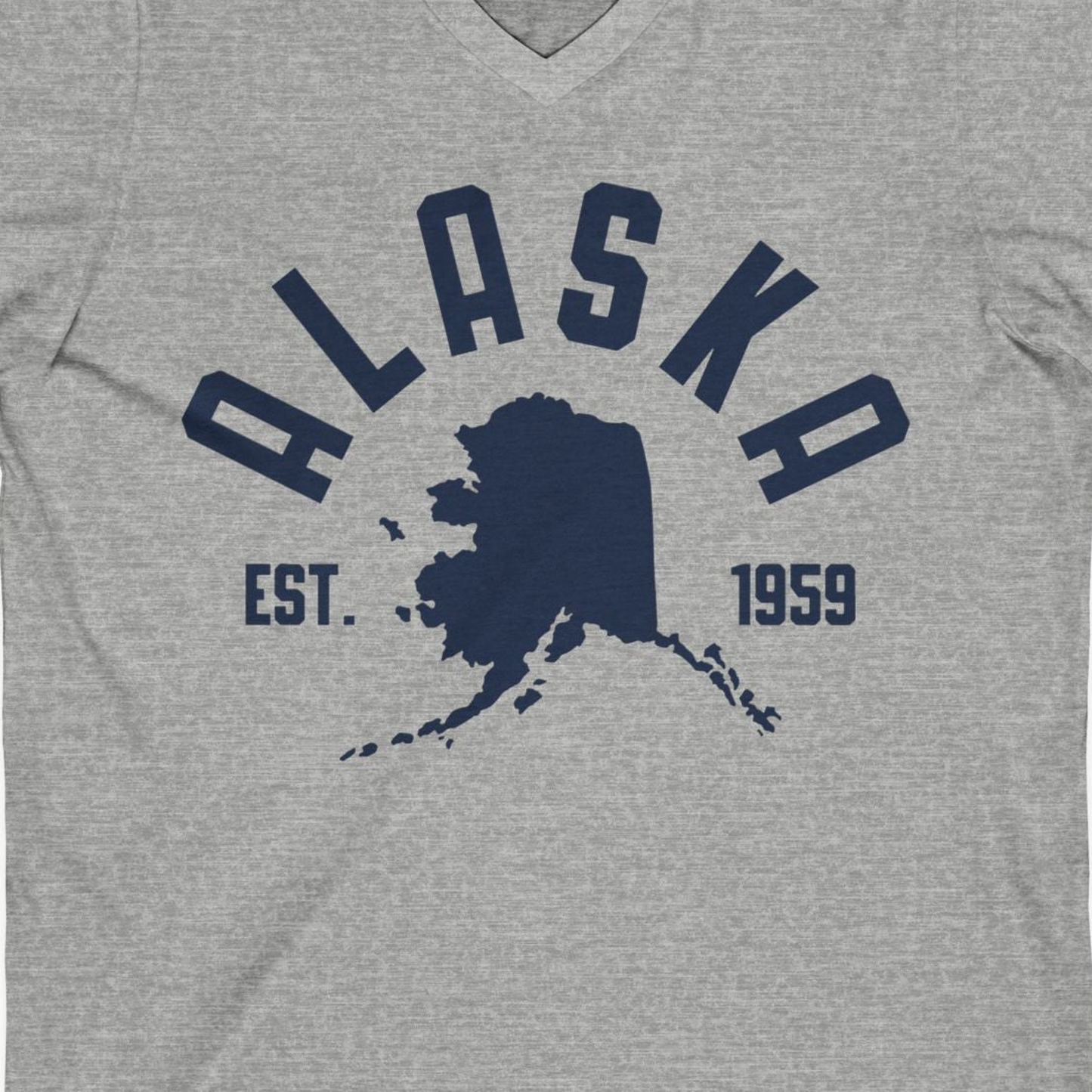 Vintage Alaska State Outline Est 1959 Retro Collegiate Shirt — V-Neck V-Neck Shirt – Athletic Heather – Alaska Cruise Shirts Close Up