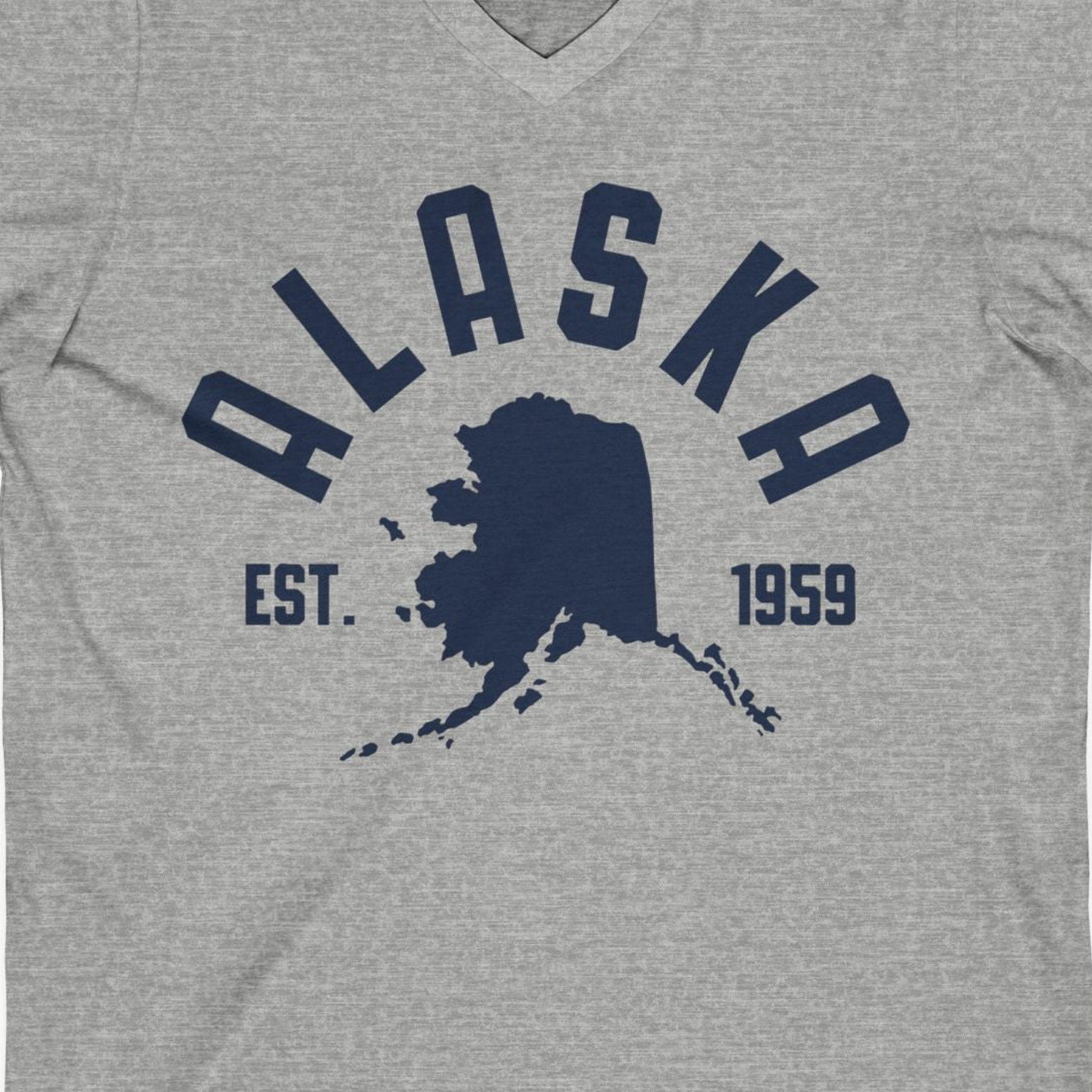 Vintage Alaska State Outline Est 1959 Retro Collegiate Shirt — V-Neck V-Neck Shirt – Athletic Heather – Alaska Cruise Shirts Close Up