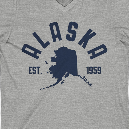 Vintage Alaska State Outline Est 1959 Retro Collegiate Shirt — V-Neck V-Neck Shirt – Athletic Heather – Alaska Cruise Shirts Close Up
