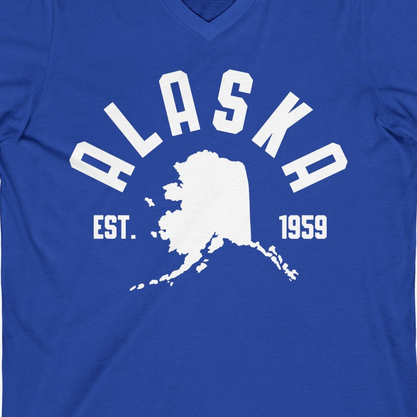 Vintage Alaska State Outline Est 1959 Retro Collegiate Shirt — V-Neck V-Neck Shirt – True Royal – Alaska Cruise Shirts Close Up