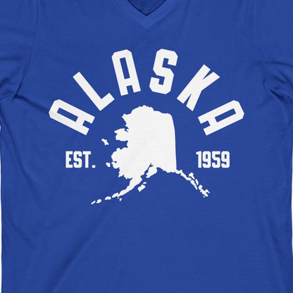 Vintage Alaska State Outline Est 1959 Retro Collegiate Shirt — V-Neck V-Neck Shirt – True Royal – Alaska Cruise Shirts Close Up