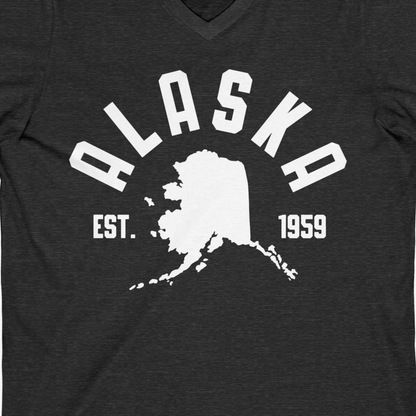 Vintage Alaska State Outline Est 1959 Retro Collegiate Shirt — V-Neck V-Neck Shirt – Dark Grey Heather – Alaska Cruise Shirts Close Up