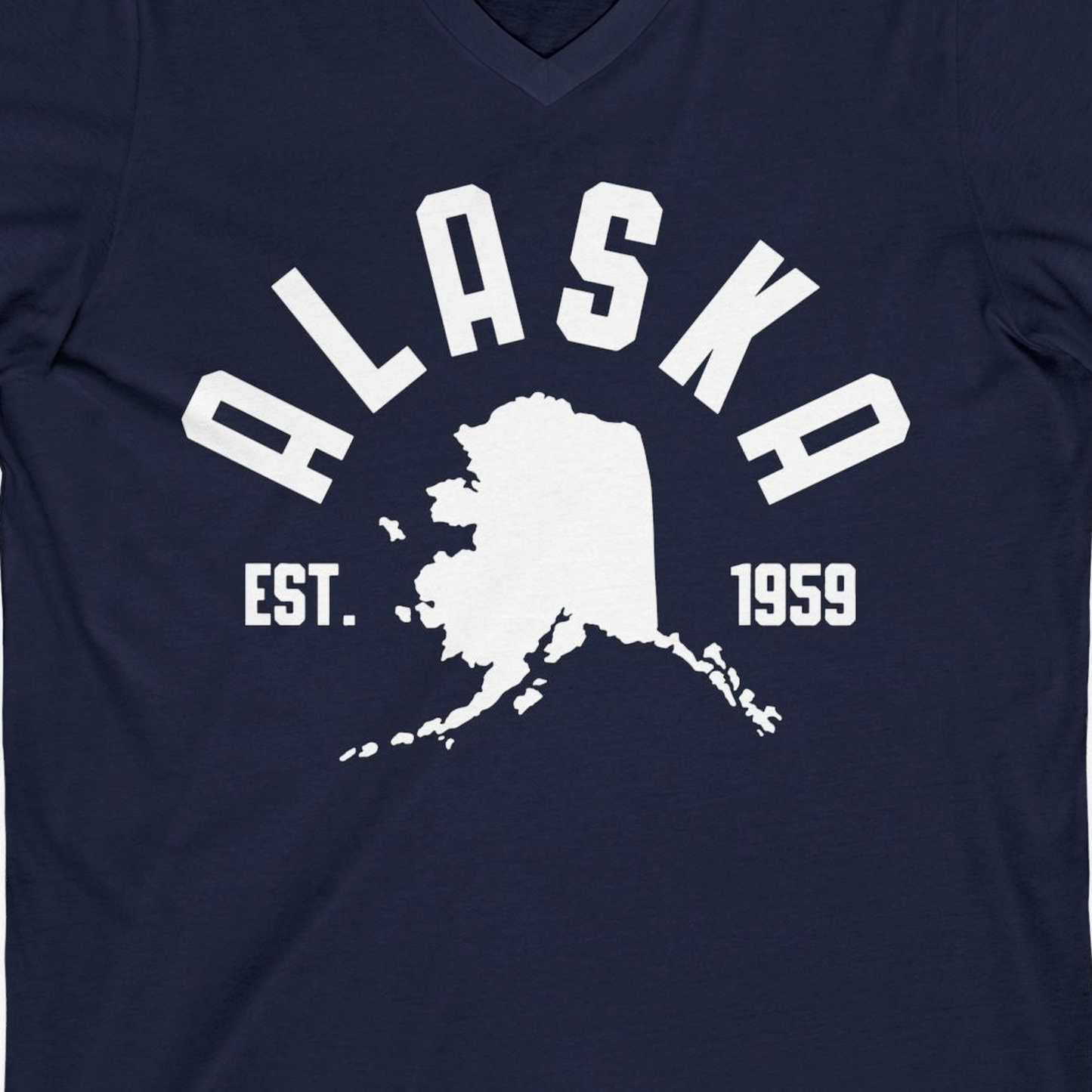 Vintage Alaska State Outline Est 1959 Retro Collegiate Shirt — V-Neck V-Neck Shirt – Navy – Alaska Cruise Shirts Close Up