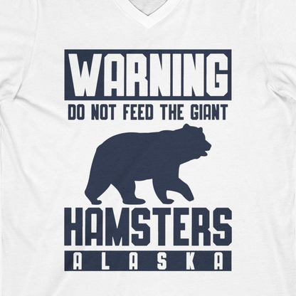 Funny Alaska Bear Giant Hamster Warning Sign Shirt for Travelers — V-Neck V-Neck Shirt – White – Alaska Cruise Shirts Close Up