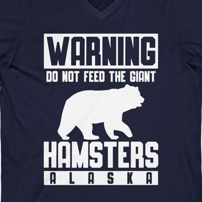 Funny Alaska Bear Giant Hamster Warning Sign Shirt for Travelers — V-Neck V-Neck Shirt – Navy – Alaska Cruise Shirts Close Up