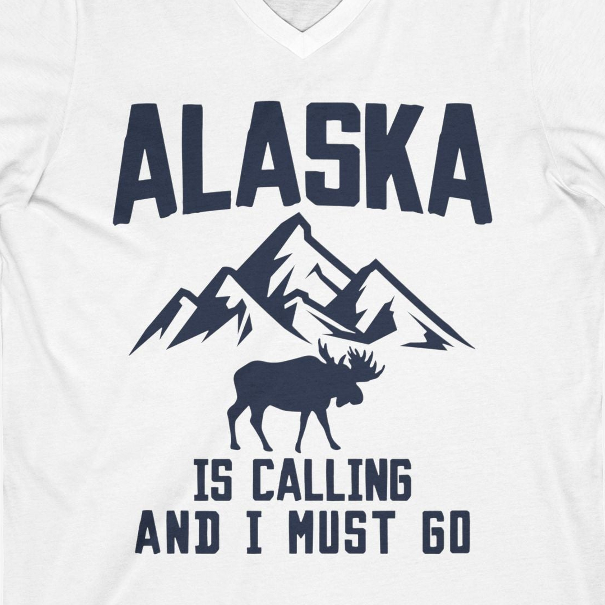 Alaska Is Calling Moose Mountains Adventure Silhouette Nature Shirt — V-Neck V-Neck Shirt – White – Alaska Cruise Shirts Close Up