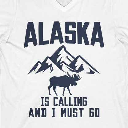 Alaska Is Calling Moose Mountains Adventure Silhouette Nature Shirt — V-Neck V-Neck Shirt – White – Alaska Cruise Shirts Close Up