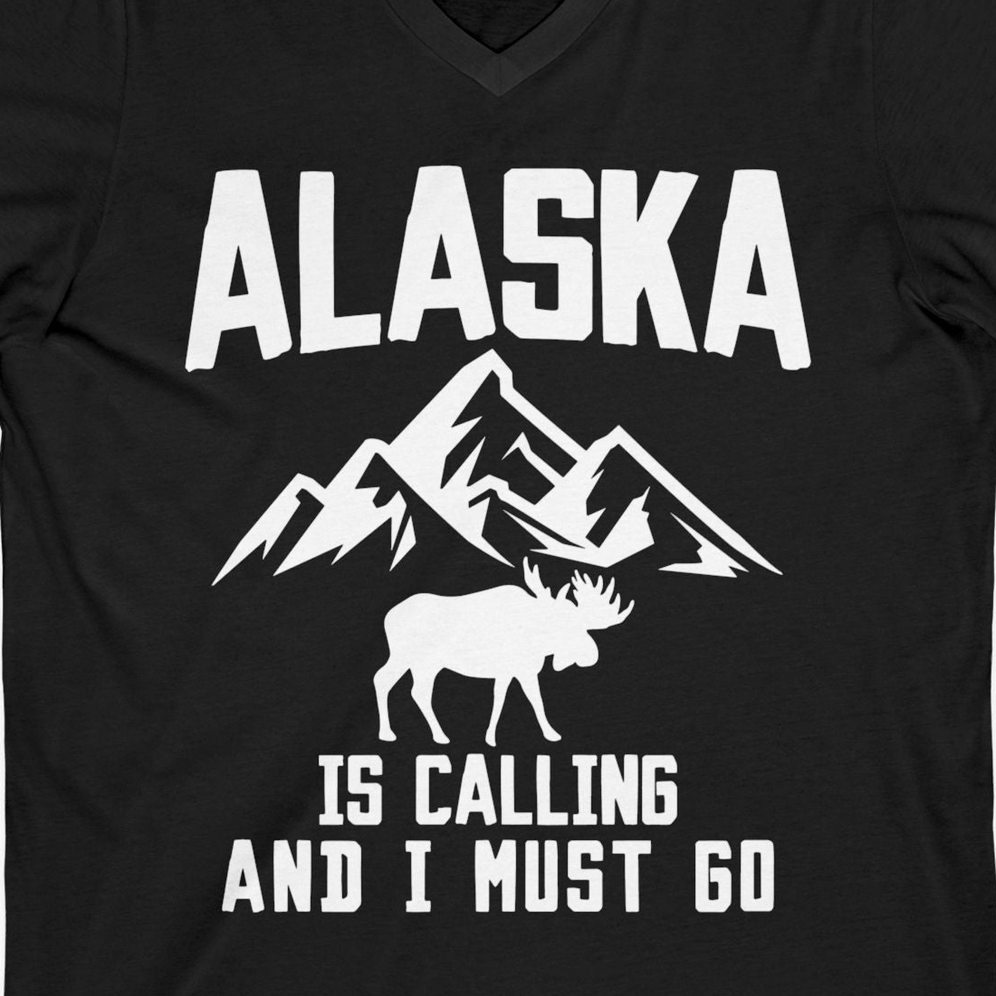 Alaska Is Calling Moose Mountains Adventure Silhouette Nature Shirt — V-Neck V-Neck Shirt – Black – Alaska Cruise Shirts Close Up
