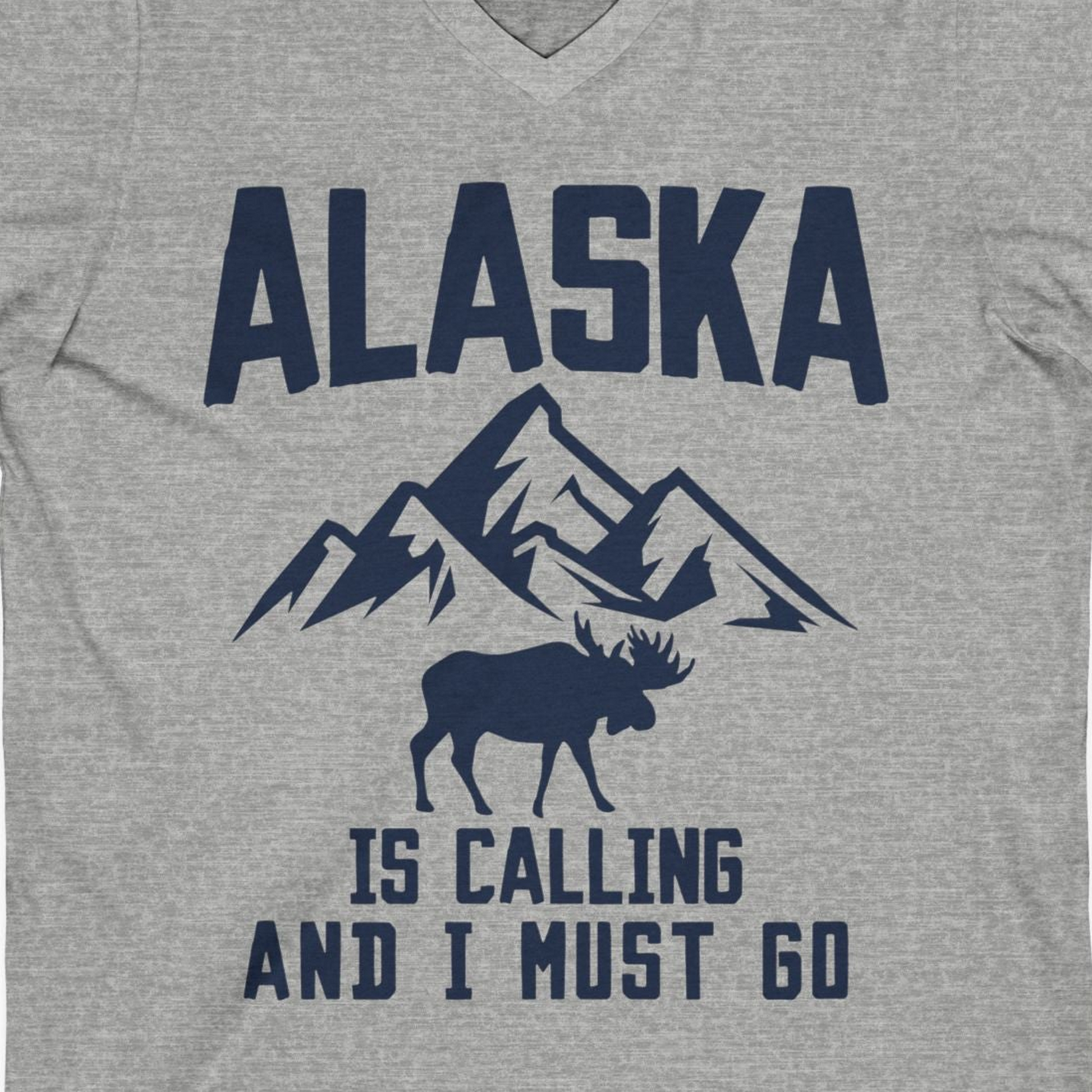Alaska Is Calling Moose Mountains Adventure Silhouette Nature Shirt — V-Neck V-Neck Shirt – Athletic Heather – Alaska Cruise Shirts Close Up