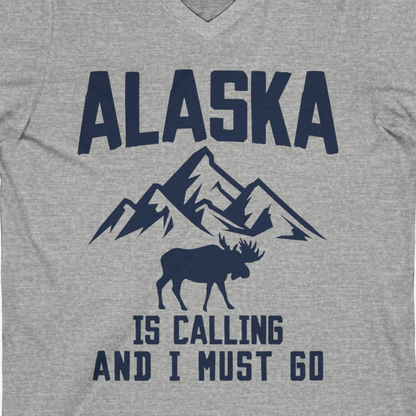 Alaska Is Calling Moose Mountains Adventure Silhouette Nature Shirt — V-Neck V-Neck Shirt – Athletic Heather – Alaska Cruise Shirts Close Up