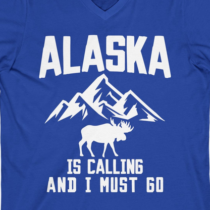 Alaska Is Calling Moose Mountains Adventure Silhouette Nature Shirt — V-Neck V-Neck Shirt – True Royal – Alaska Cruise Shirts Close Up
