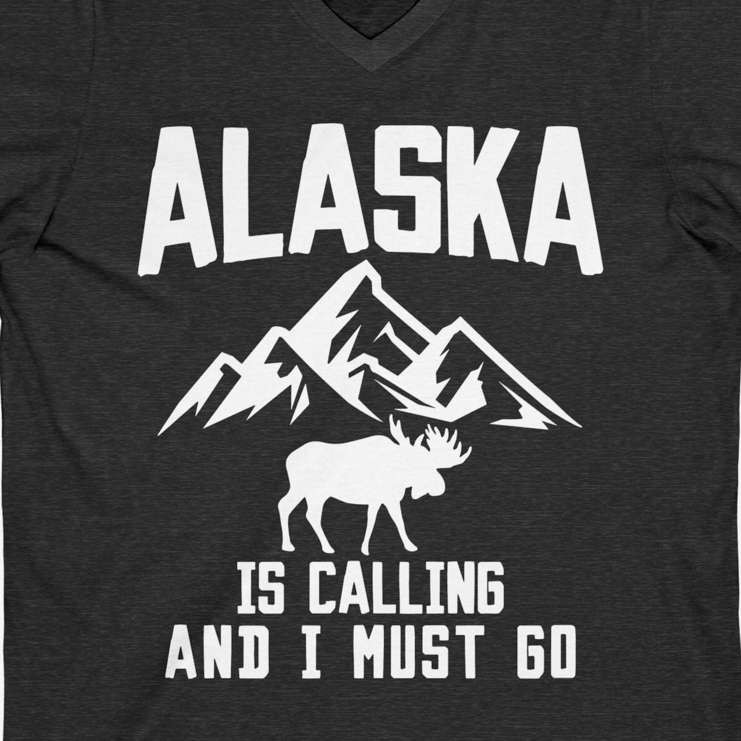 Alaska Is Calling Moose Mountains Adventure Silhouette Nature Shirt — V-Neck V-Neck Shirt – Dark Grey Heather – Alaska Cruise Shirts Close Up