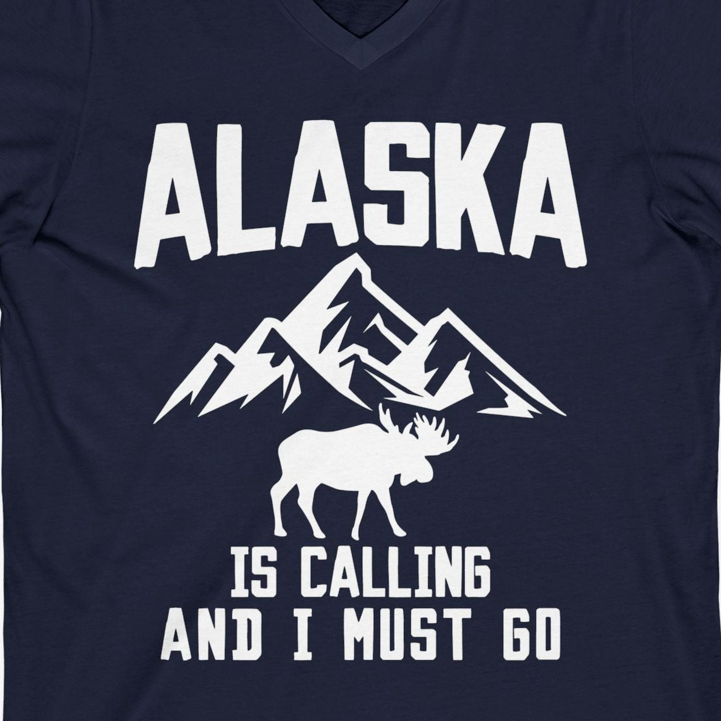 Alaska Is Calling Moose Mountains Adventure Silhouette Nature Shirt — V-Neck V-Neck Shirt – Navy – Alaska Cruise Shirts Close Up