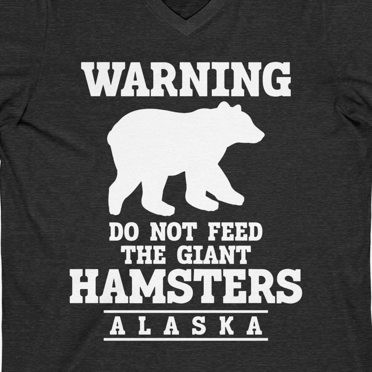 Funny Alaska Bear Warning Shirt V-Neck Shirt – Dark Grey Heather – Alaska Cruise Shirts Close Up