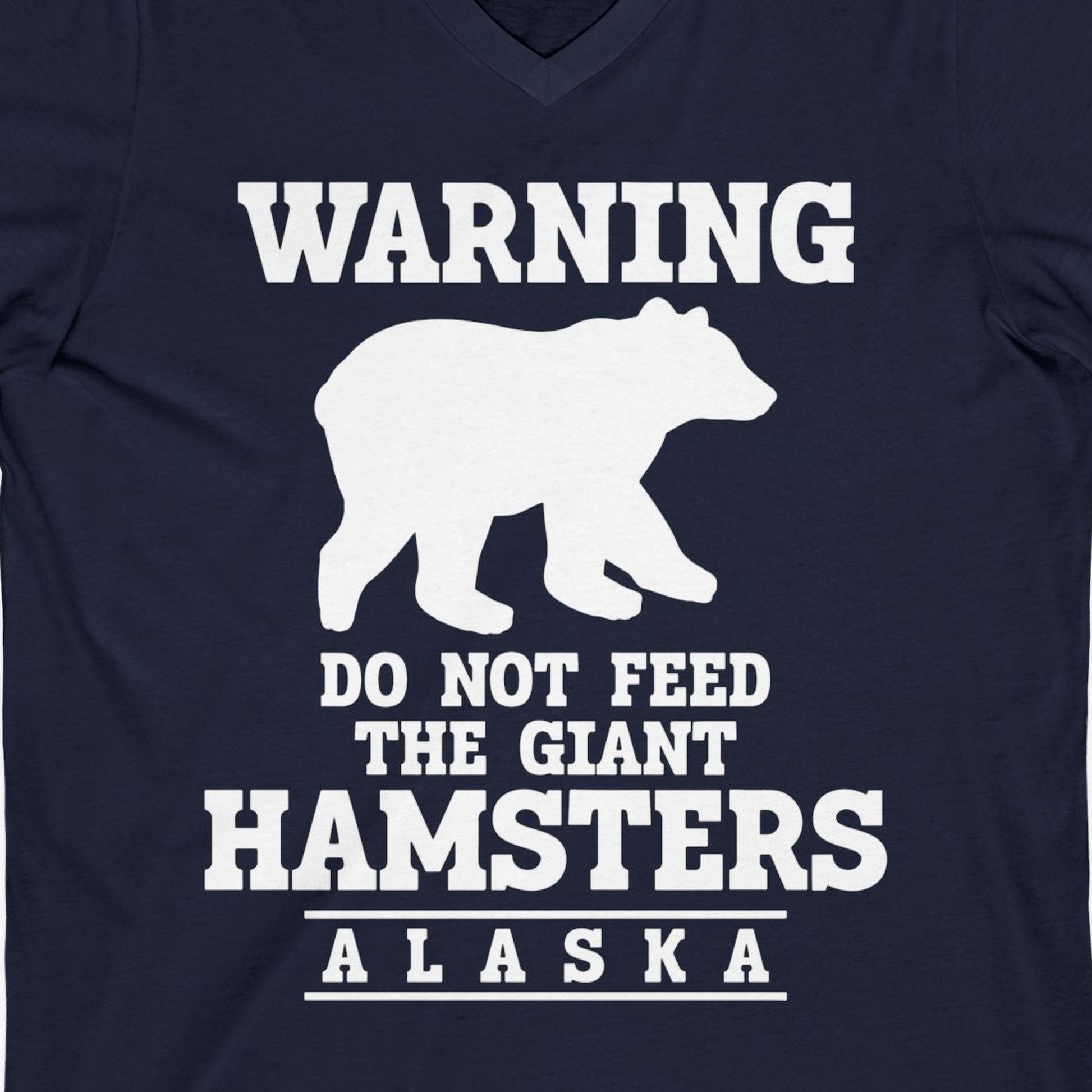 Funny Alaska Bear Warning Shirt V-Neck Shirt – Navy – Alaska Cruise Shirts Close Up