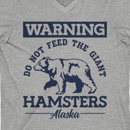 Funny Alaska Bear Warning Parody Do Not Feed the Giant Hamsters Shirt — V-Neck V-Neck Shirt – Athletic Heather – Alaska Cruise Shirts Close Up