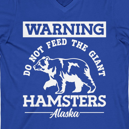 Funny Alaska Bear Warning Parody Do Not Feed the Giant Hamsters Shirt — V-Neck V-Neck Shirt – True Royal – Alaska Cruise Shirts Close Up