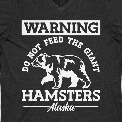 Funny Alaska Bear Warning Parody Do Not Feed the Giant Hamsters Shirt — V-Neck V-Neck Shirt – Dark Grey Heather – Alaska Cruise Shirts Close Up