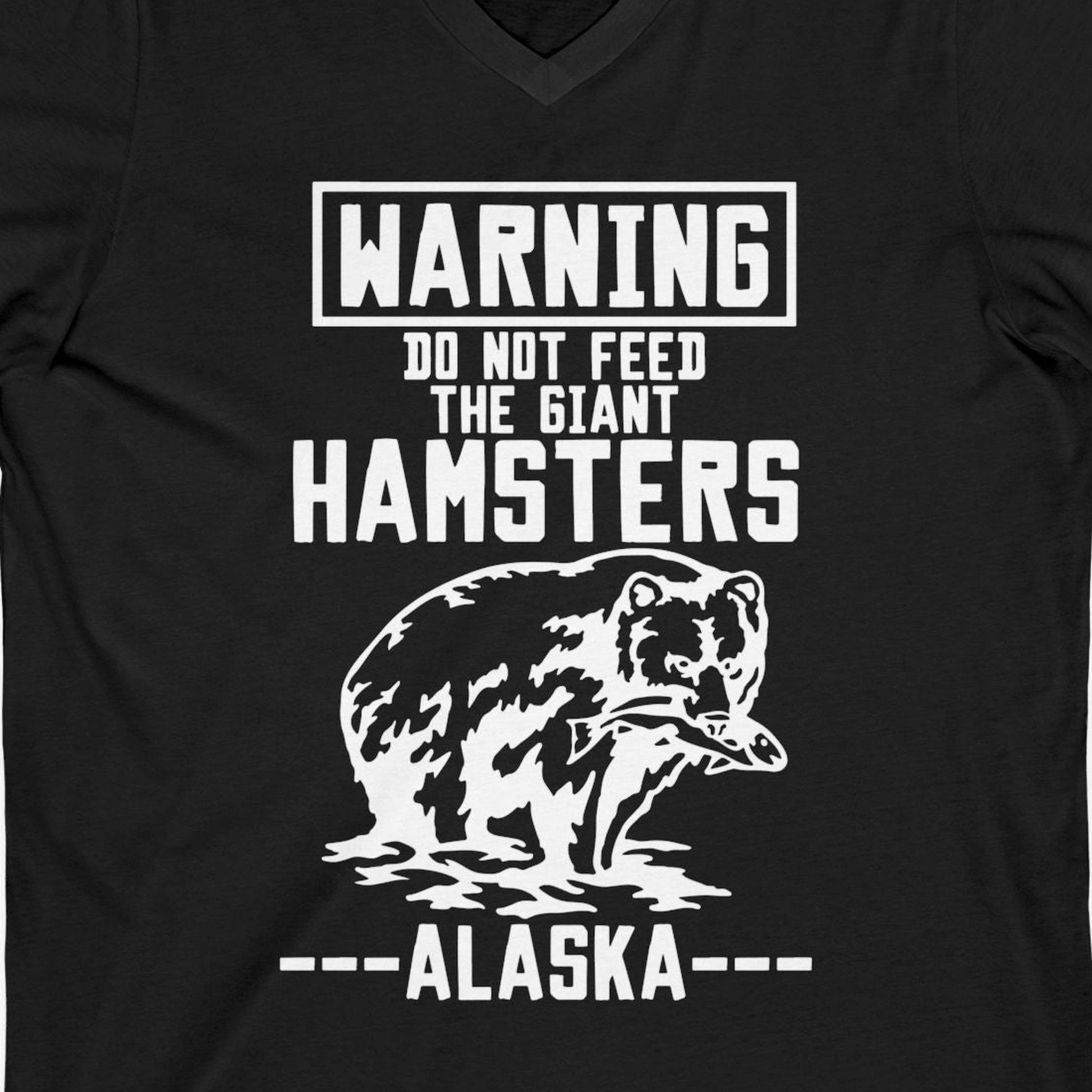 Funny Alaska Bear Warning Sign Shirt V-Neck Shirt – Black – Alaska Cruise Shirts Close Up