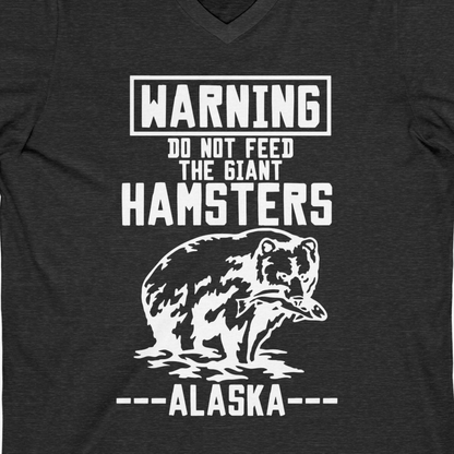 Funny Alaska Bear Warning Sign Shirt V-Neck Shirt – Dark Grey Heather – Alaska Cruise Shirts Close Up