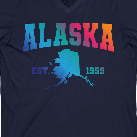 Retro Alaska Est 1959 Shirt V-Neck Shirt – Navy – Alaska Cruise Shirts Close Up