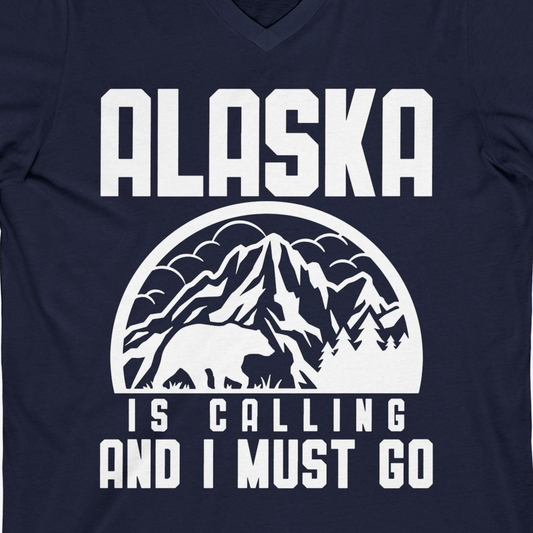 Alaska Is Calling Shirt V-Neck Shirt – Navy – Alaska Cruise Shirts Close Up
