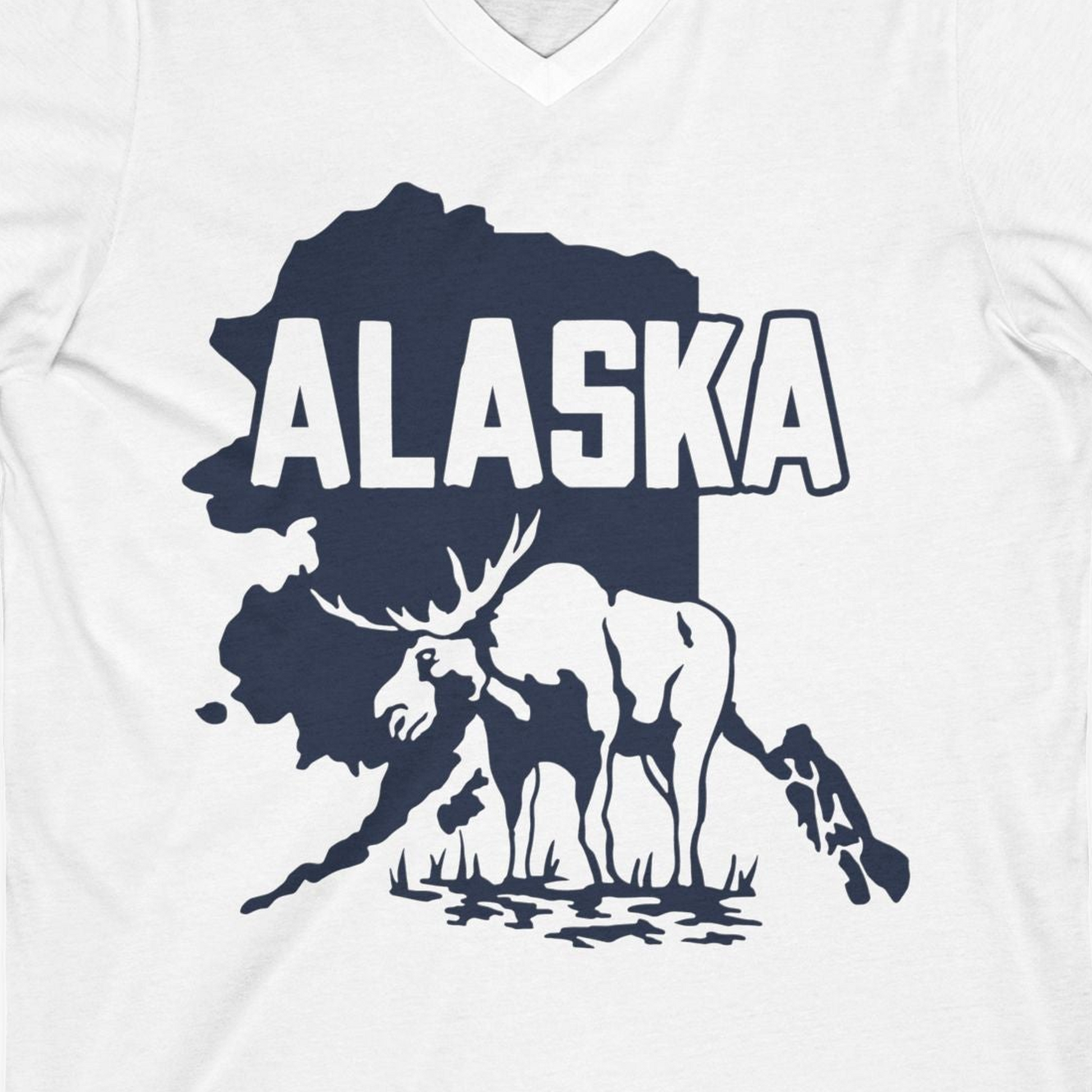 Alaska Moose Silhouette Shirt V-Neck Shirt – White – Alaska Cruise Shirts Close Up