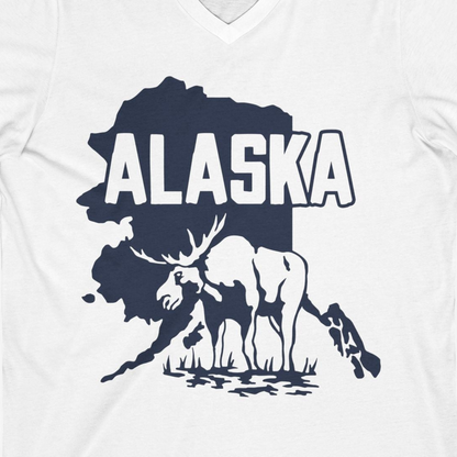Alaska Moose Silhouette Shirt V-Neck Shirt – White – Alaska Cruise Shirts Close Up