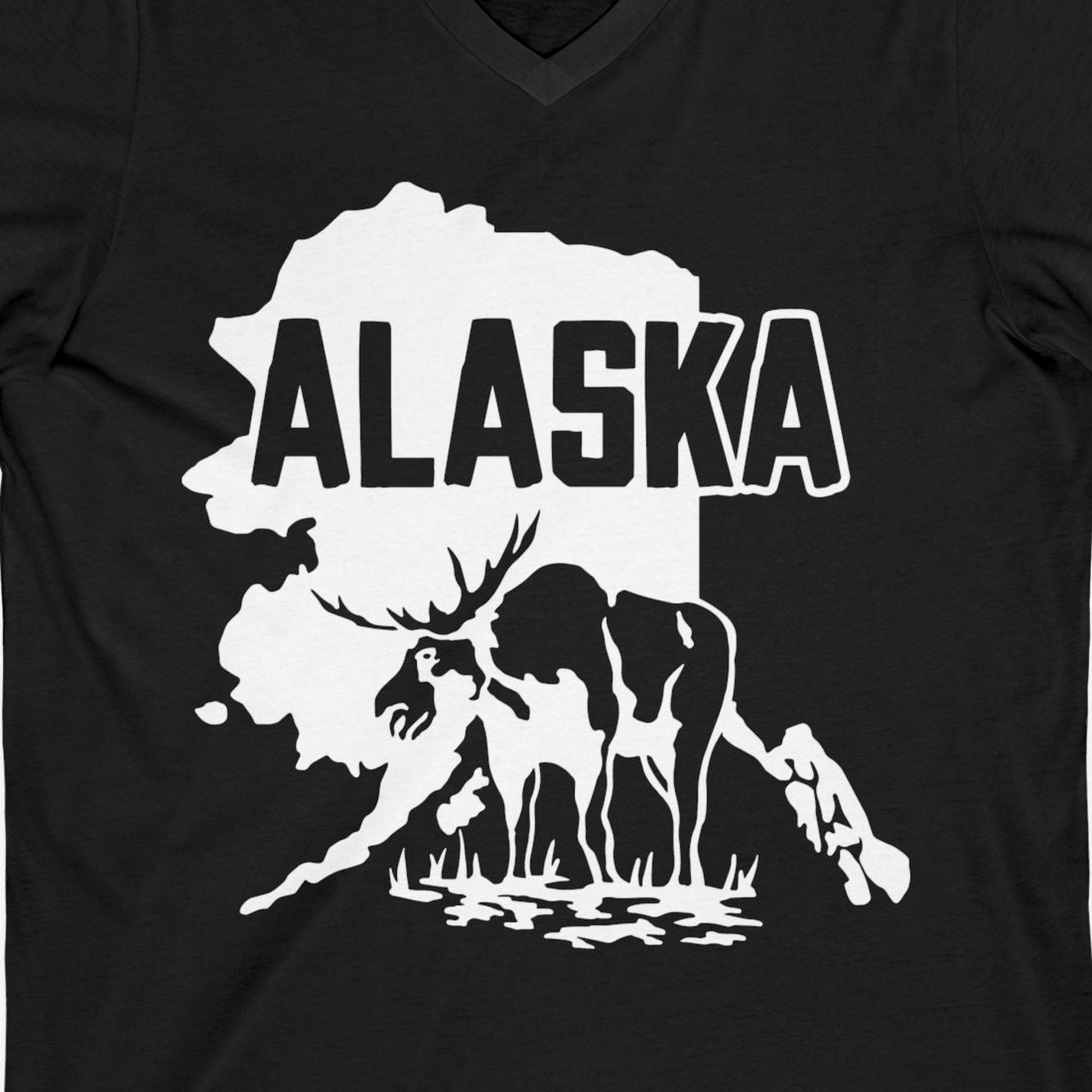 Alaska Moose Silhouette Shirt V-Neck Shirt – Black – Alaska Cruise Shirts Close Up
