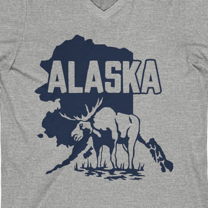 Alaska Moose Silhouette Shirt V-Neck Shirt – Athletic Heather – Alaska Cruise Shirts Close Up