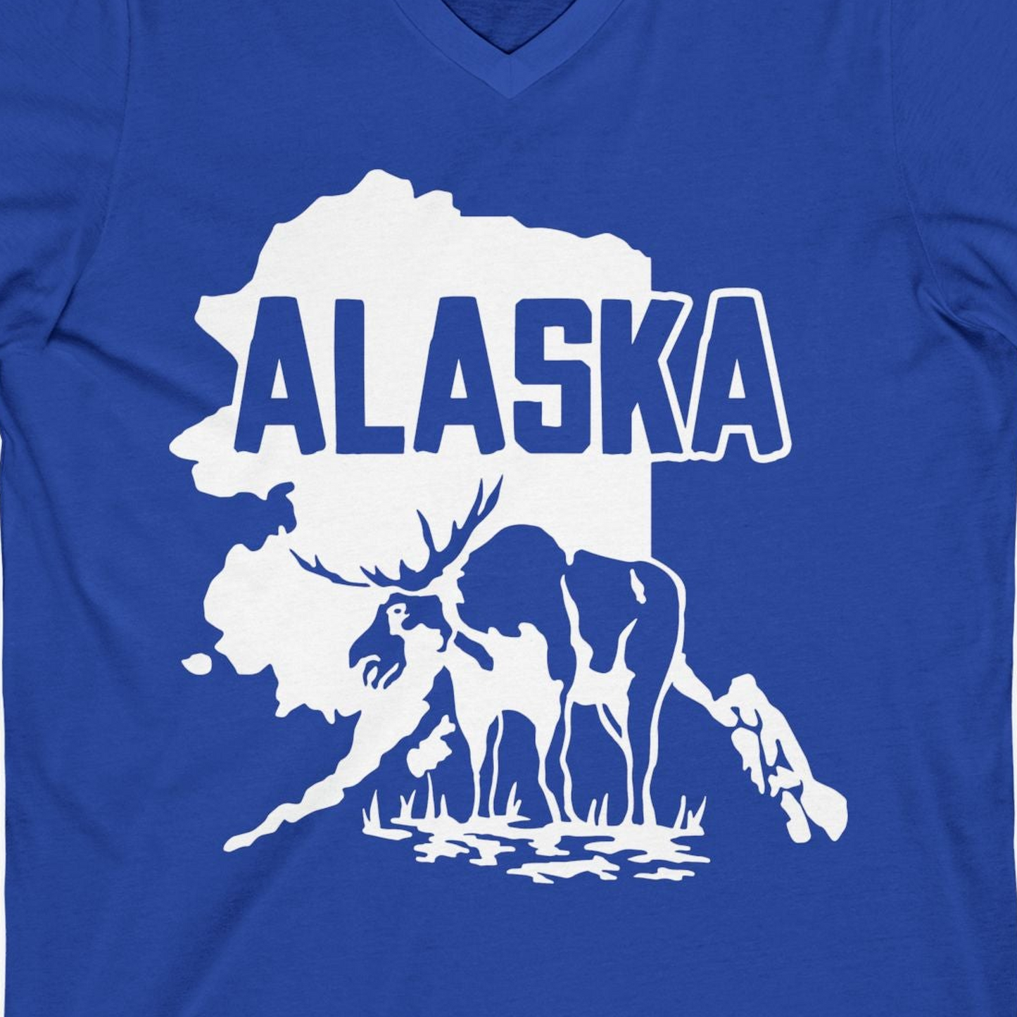 Alaska Moose Silhouette Shirt V-Neck Shirt – True Royal – Alaska Cruise Shirts Close Up