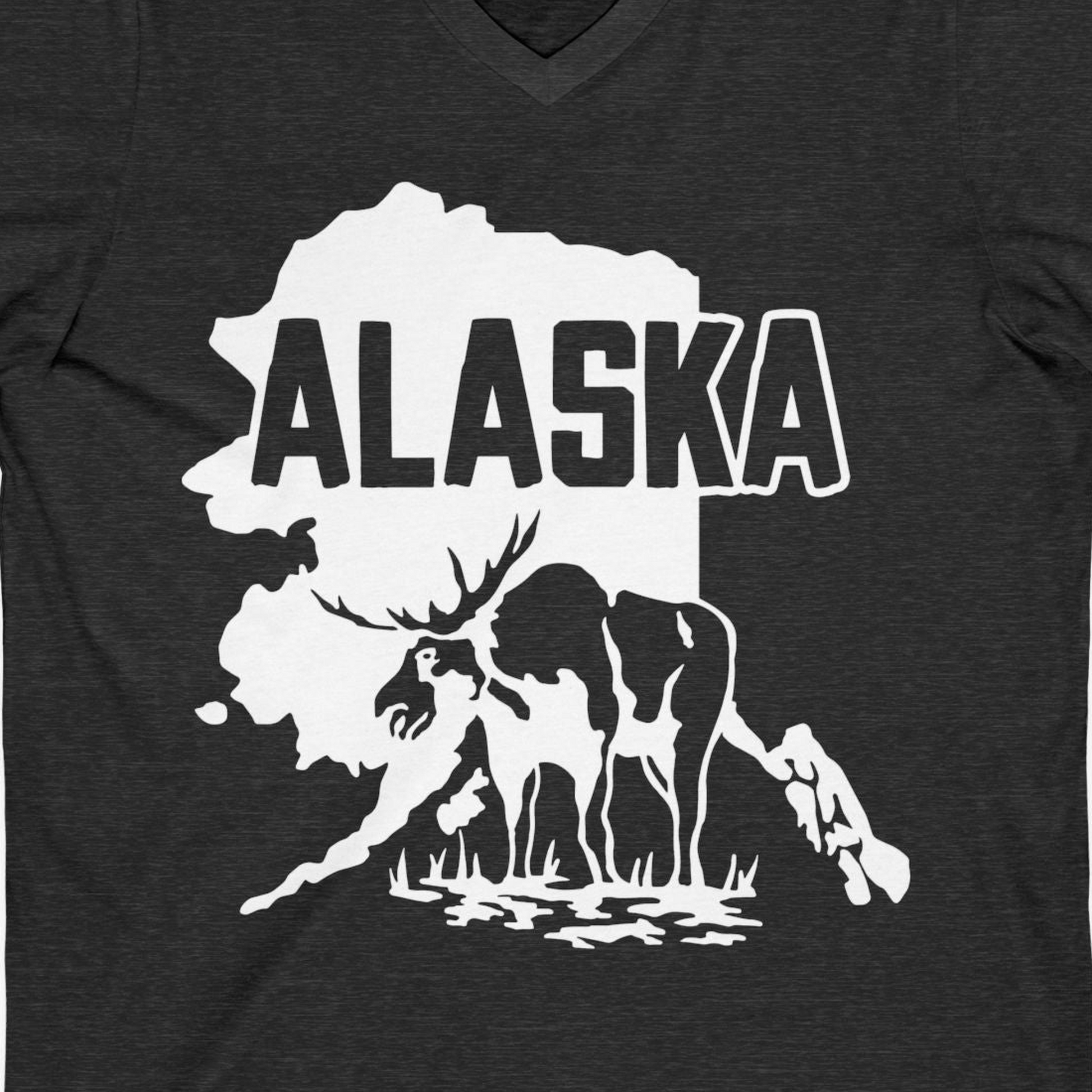 Alaska Moose Silhouette Shirt V-Neck Shirt – Dark Grey Heather – Alaska Cruise Shirts Close Up