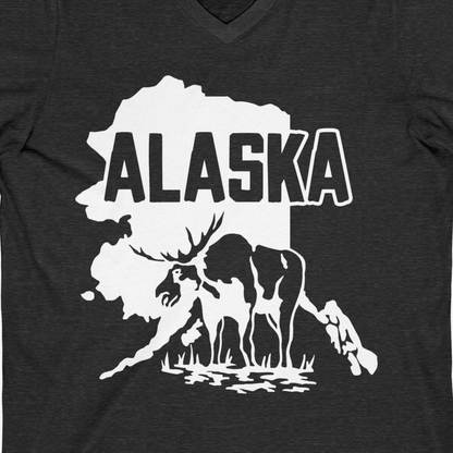 Alaska Moose Silhouette Shirt V-Neck Shirt – Dark Grey Heather – Alaska Cruise Shirts Close Up