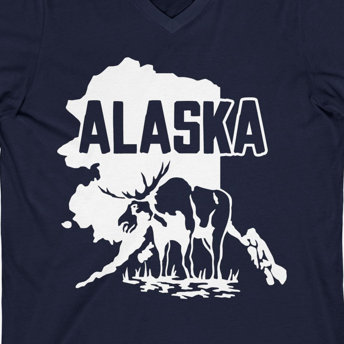 Alaska Moose Silhouette Shirt V-Neck Shirt – Navy – Alaska Cruise Shirts Close Up