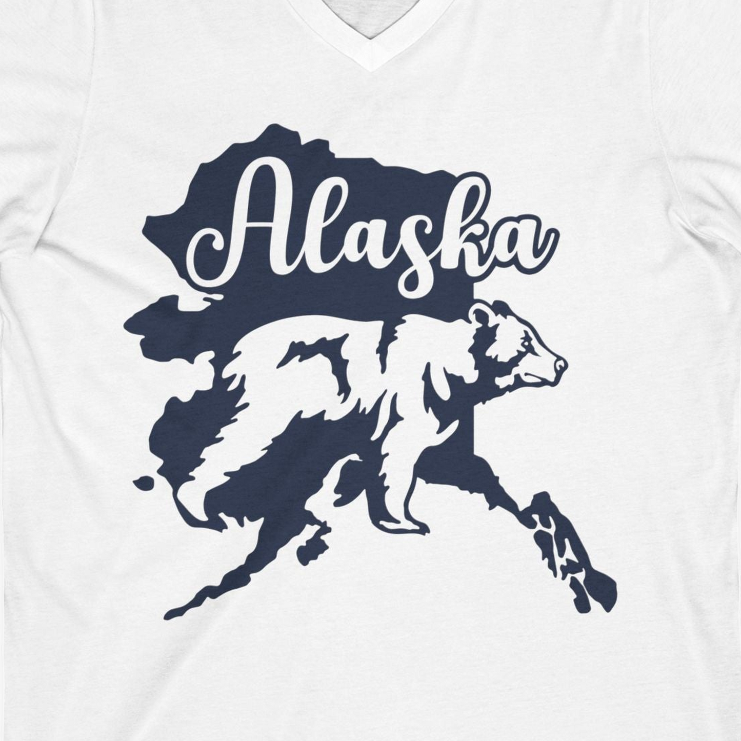 Alaska Bear Silhouette Shirt V-Neck Shirt – White – Alaska Cruise Shirts Close Up