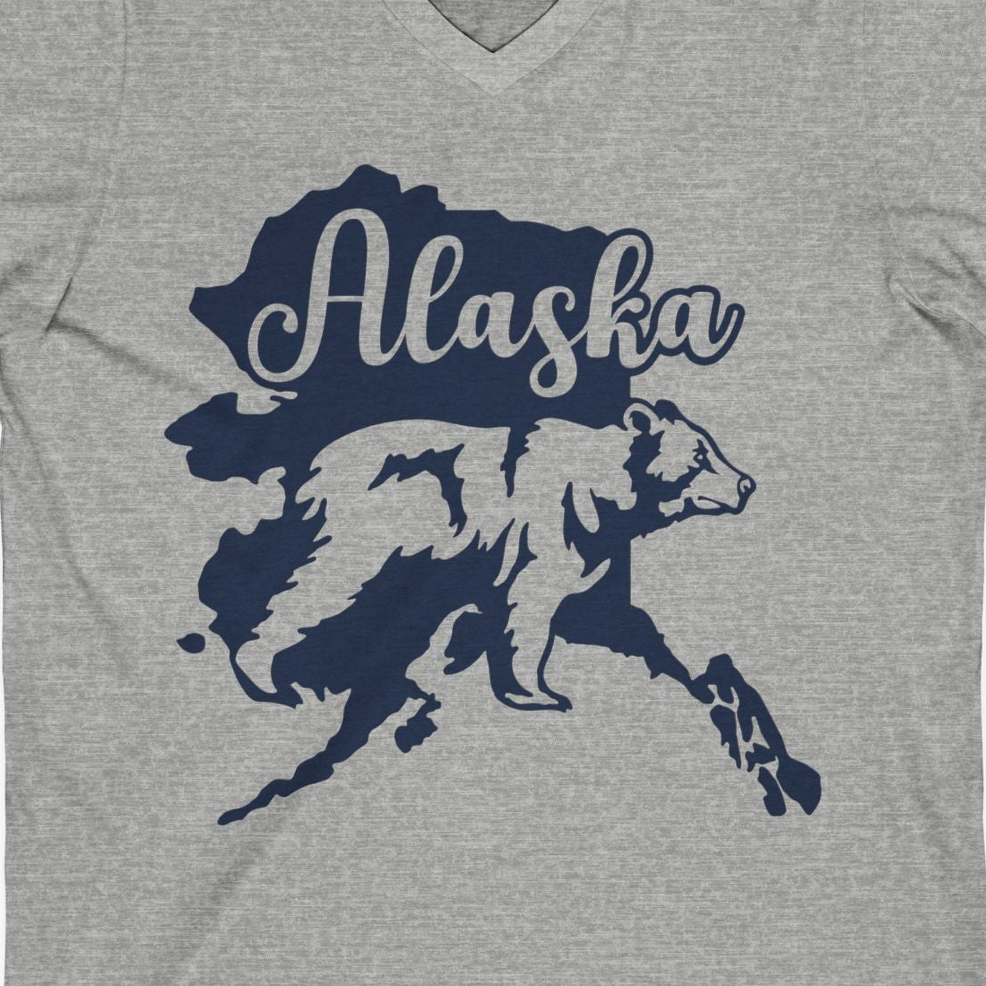 Alaska Bear Silhouette Shirt V-Neck Shirt – Athletic Heather – Alaska Cruise Shirts Close Up