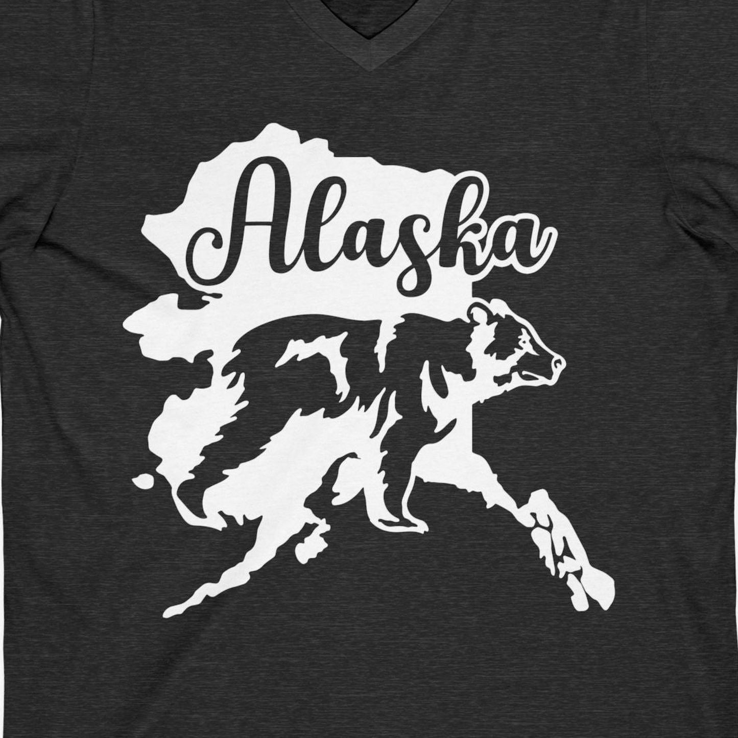 Alaska Bear Silhouette Shirt V-Neck Shirt – Dark Grey Heather – Alaska Cruise Shirts Close Up