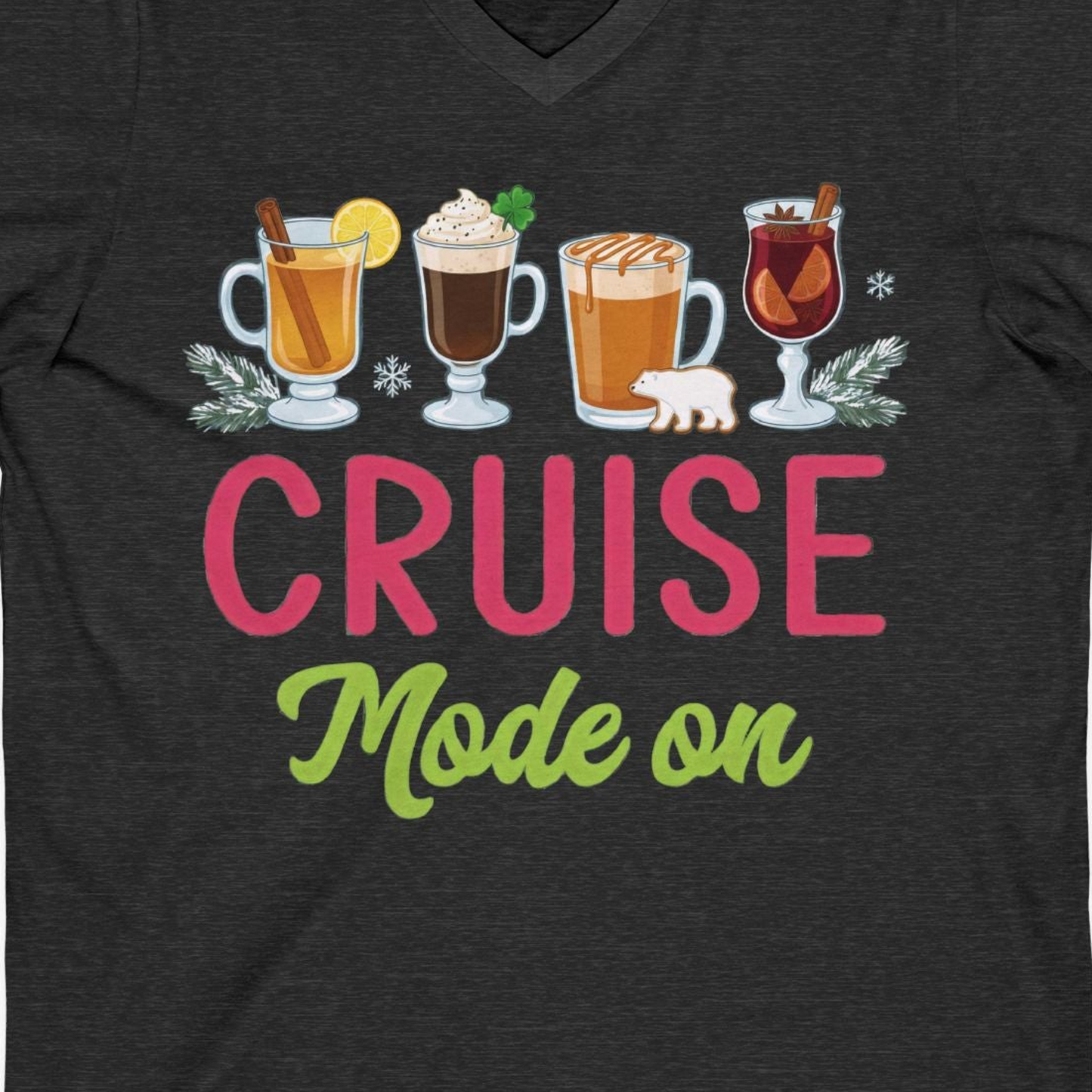 Cruise Mode On Shirt V-Neck Shirt – Dark Grey Heather – Alaska Cruise Shirts Close Up