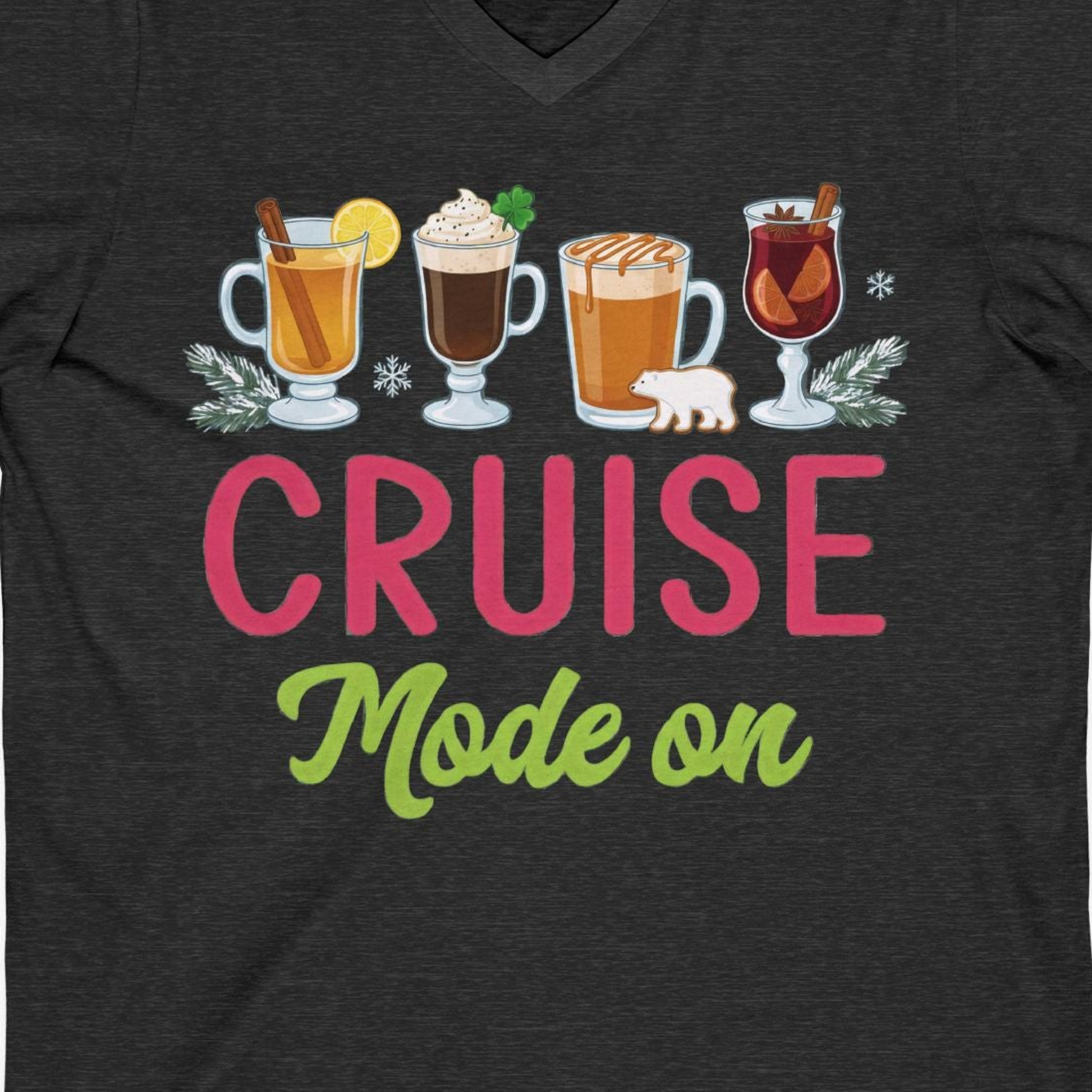 Cruise Mode On Shirt V-Neck Shirt – Dark Grey Heather – Alaska Cruise Shirts Close Up