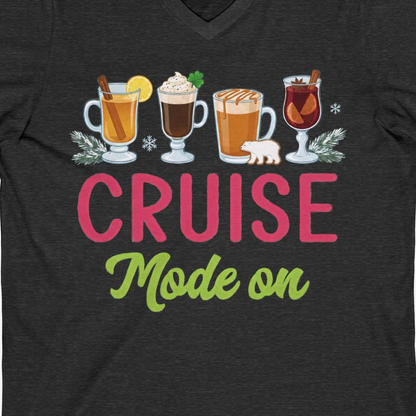 Cruise Mode On Shirt V-Neck Shirt – Dark Grey Heather – Alaska Cruise Shirts Close Up