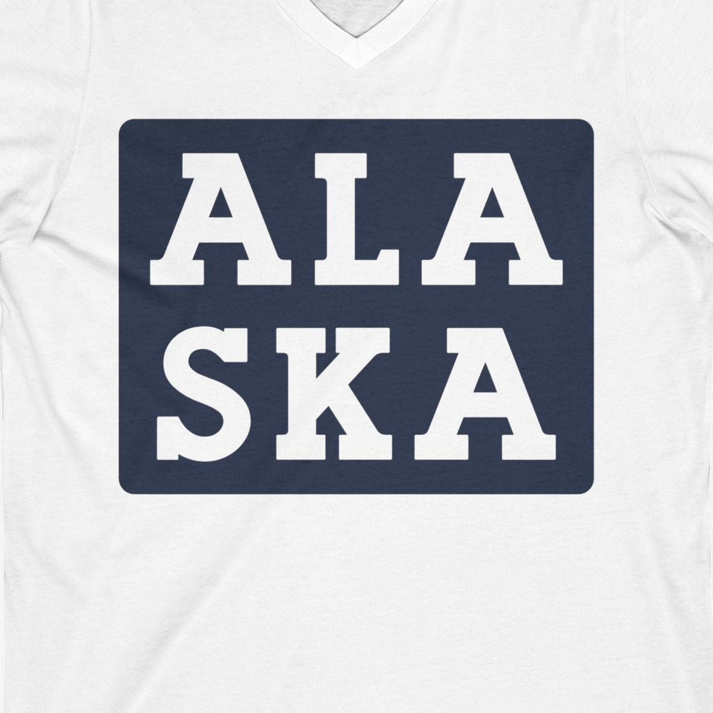 Bold Alaska Block Text Shirt V-Neck Shirt – White – Alaska Cruise Shirts Close Up