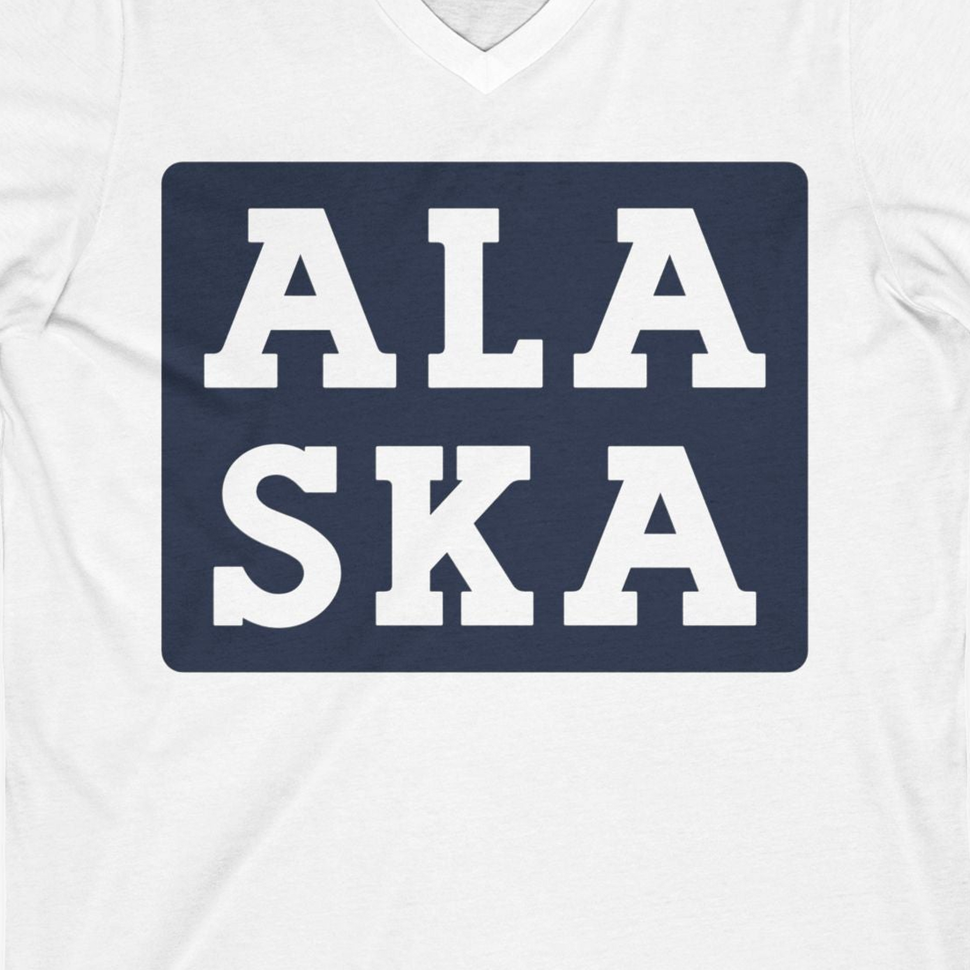 Bold Alaska Block Text Shirt V-Neck Shirt – White – Alaska Cruise Shirts Close Up
