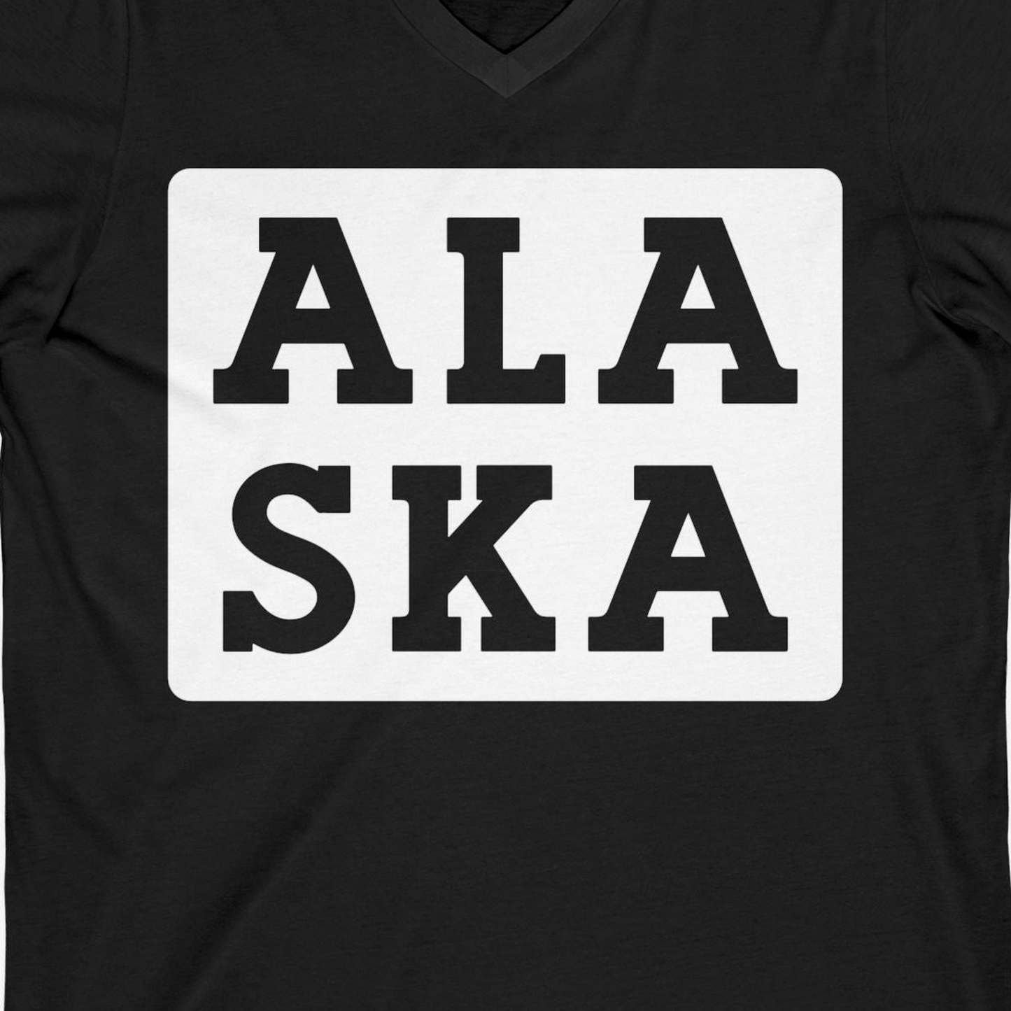 Bold Alaska Block Text Shirt V-Neck Shirt – Black – Alaska Cruise Shirts Close Up