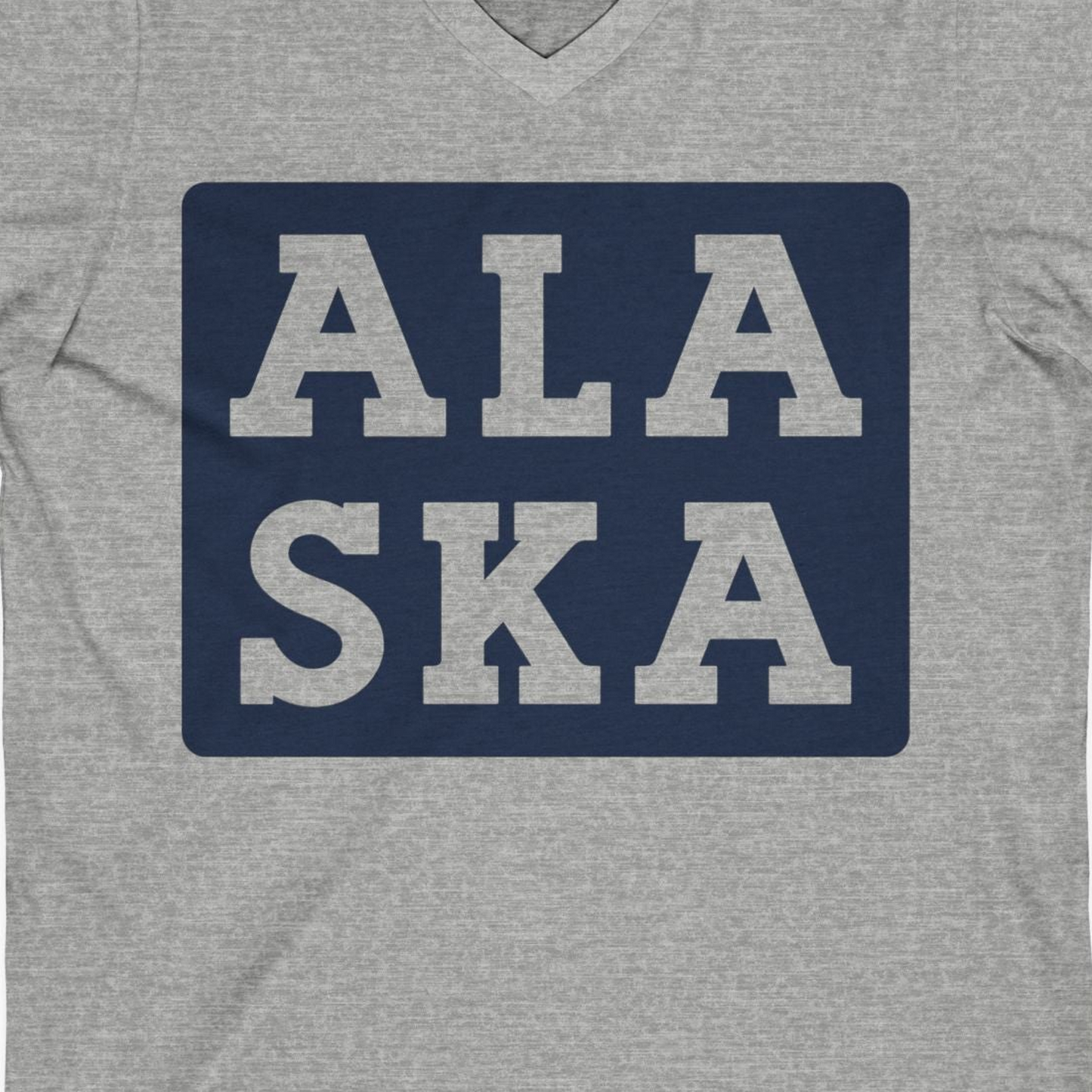 Bold Alaska Block Text Shirt V-Neck Shirt – Athletic Heather – Alaska Cruise Shirts Close Up