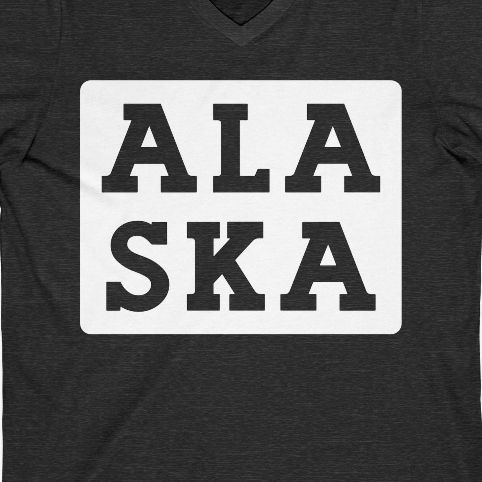 Bold Alaska Block Text Shirt V-Neck Shirt – Dark Grey Heather – Alaska Cruise Shirts Close Up