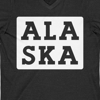 Bold Alaska Block Text Shirt V-Neck Shirt – Dark Grey Heather – Alaska Cruise Shirts Close Up