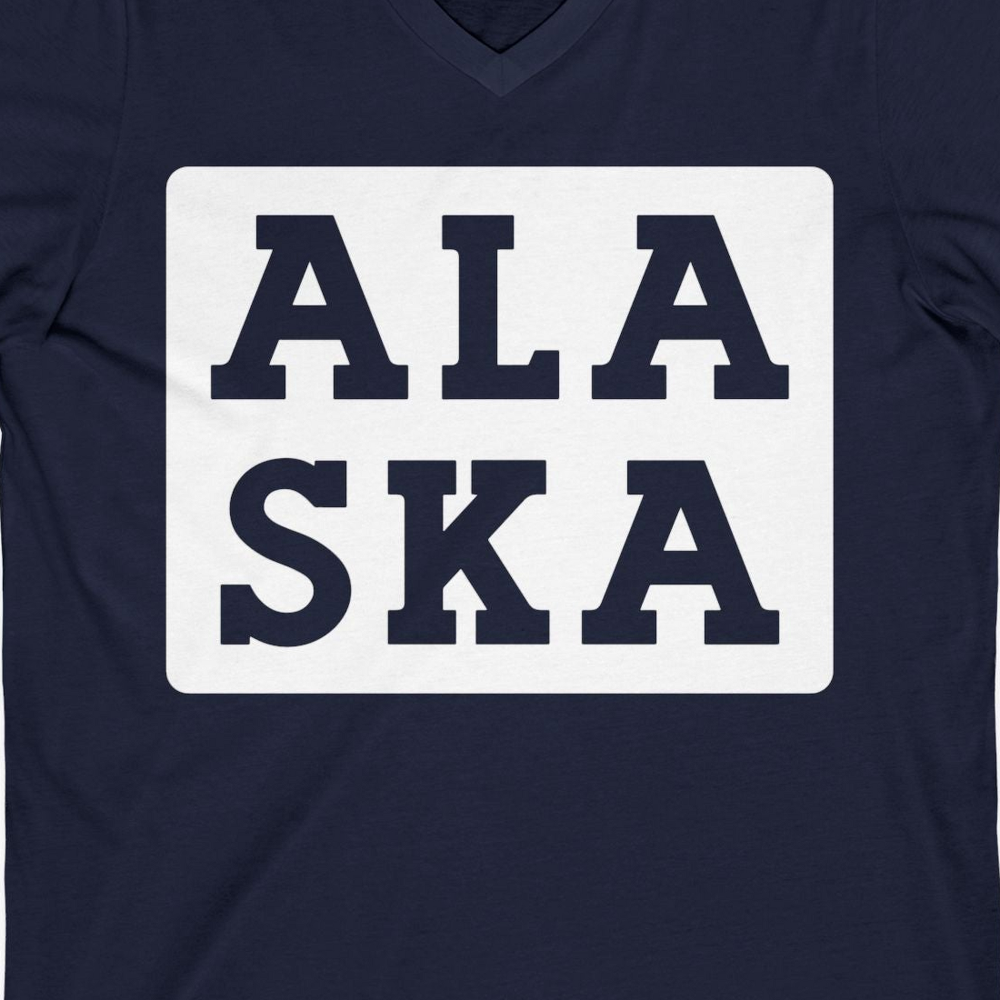 Bold Alaska Block Text Shirt V-Neck Shirt – Navy – Alaska Cruise Shirts Close Up