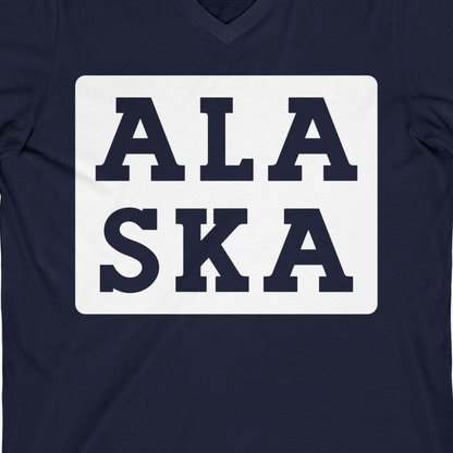 Bold Alaska Block Text Shirt V-Neck Shirt – Navy – Alaska Cruise Shirts Close Up