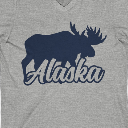 Alaska Moose Wildlife Silhouette Shirt V-Neck Shirt – Athletic Heather – Alaska Cruise Shirts Close Up