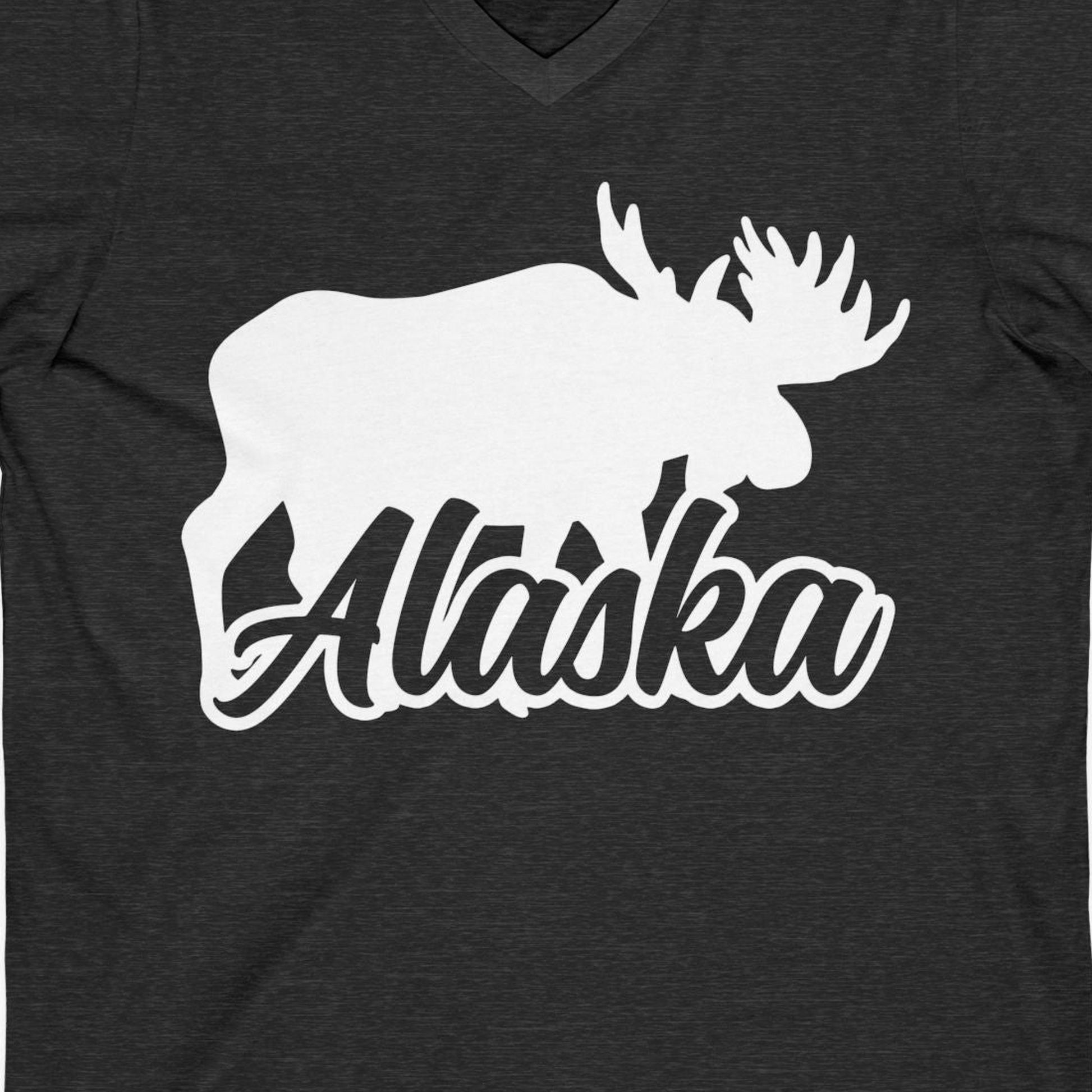 Alaska Moose Wildlife Silhouette Shirt V-Neck Shirt – Dark Grey Heather – Alaska Cruise Shirts Close Up